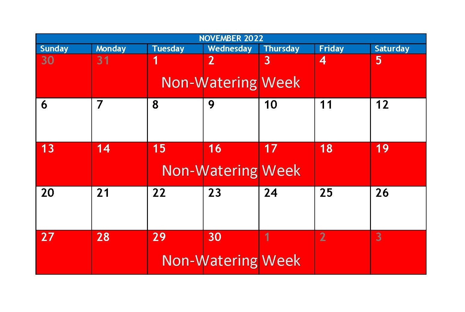 November 2022 watering schedule